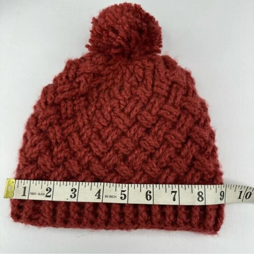 Created By Cyd Handmade Rust Red Basketweave Knit Pom Beanie Hat Women‎ NEW
